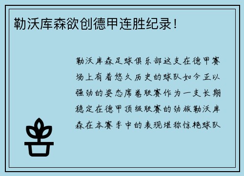 勒沃库森欲创德甲连胜纪录！