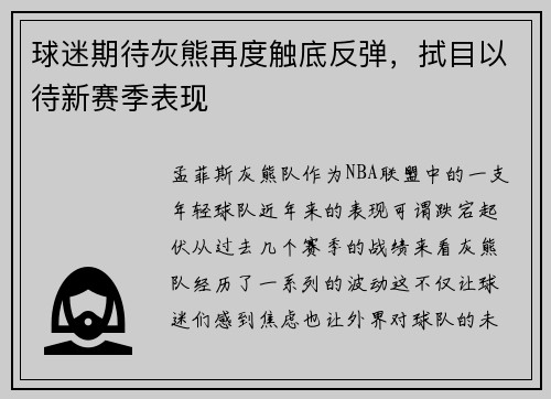 球迷期待灰熊再度触底反弹，拭目以待新赛季表现