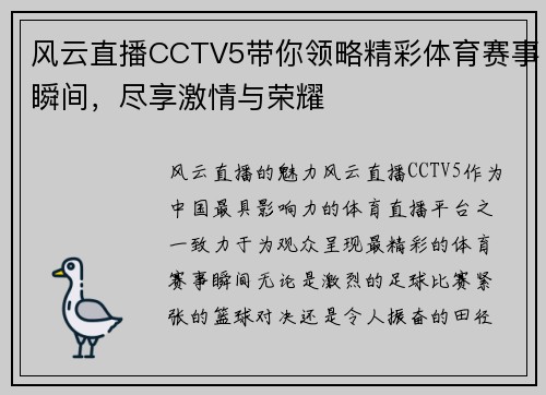 风云直播CCTV5带你领略精彩体育赛事瞬间，尽享激情与荣耀